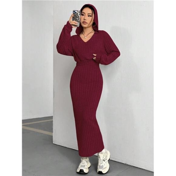 Solid Color Long Sleeve Hoodie And Sleeveless Dress Set - Picture 1 of 6